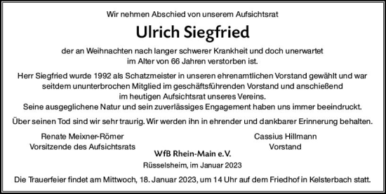 Traueranzeige von Ulrich Siegfried von vrm-trauer Rüsselsheimer Echo / MainSpitze