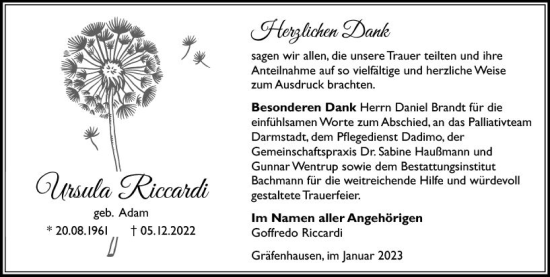 Traueranzeige von Ursula Riccardi von vrm-trauer Darmstädter Echo