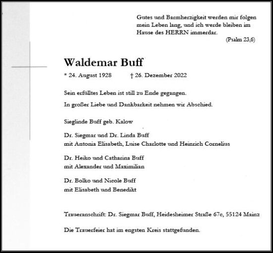 Traueranzeige von Waldemar Buff von vrm-trauer AZ Mainz