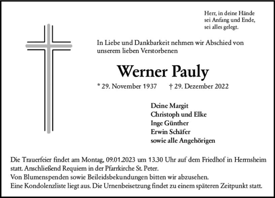 Traueranzeige von Werner Pauly von vrm-trauer Wormser Zeitung