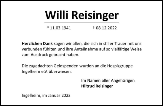 Traueranzeige von Willi Reisinger von vrm-trauer Allgemeine  Zeitung Ingelheim-Bingen