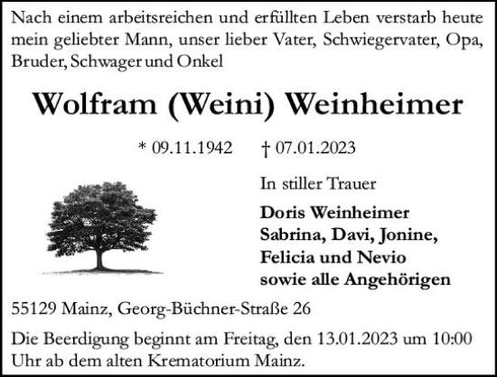 Traueranzeige von Wolfram Weinheimer von vrm-trauer AZ Mainz