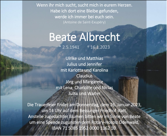 Traueranzeige von Beate Albrecht von vrm-trauer AZ Mainz