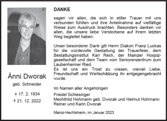 Traueranzeige von Änni Dworak von Allgemeine Zeitung Mainz