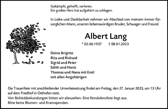 Traueranzeige von Albert Lang von Wormser Zeitung