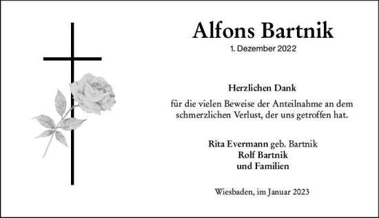 Traueranzeige von Alfons Bartnik von Wiesbadener Kurier gesamt
