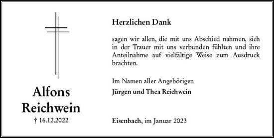 Traueranzeige von Alfons Reichwein von Camberger Anzeiger
