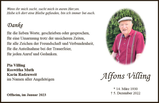 Traueranzeige von Alfons Villing von Nassauische Neue Presse