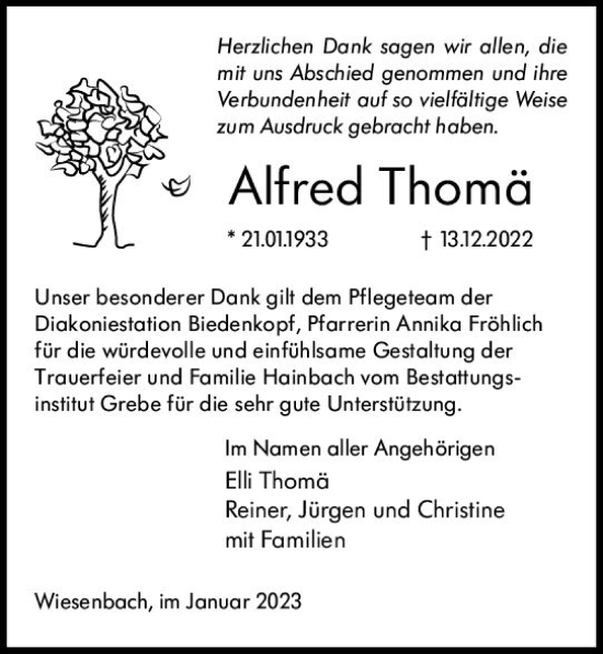 Traueranzeige von Alfred Thomä von Hinterländer Anzeiger