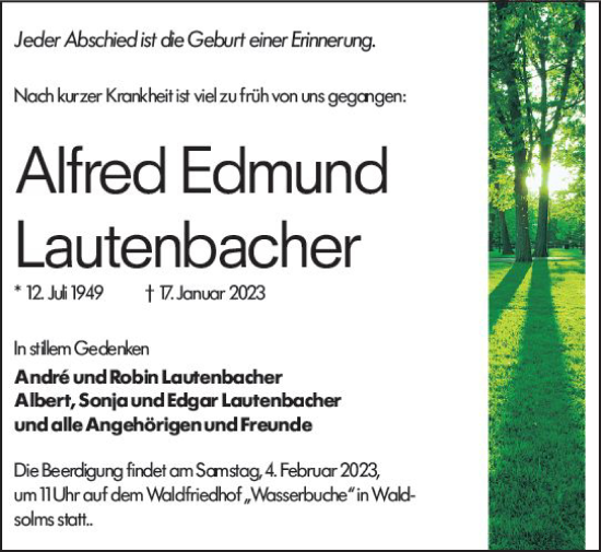 Traueranzeige von Alfred Edmund Lautenbacher von Dill Block