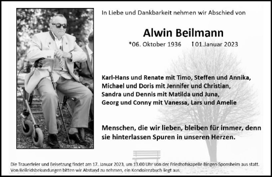 Traueranzeige von Alwin Beilmann von Bingen/Ingelheim Wochenblatt inkl. NBZ
