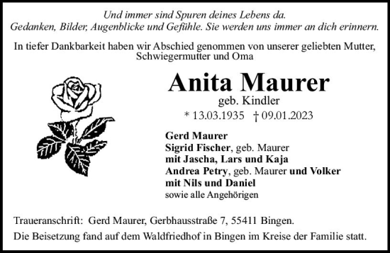 Traueranzeige von Anita Maurer von Allgemeine Zeitung Ingelheim-Bingen