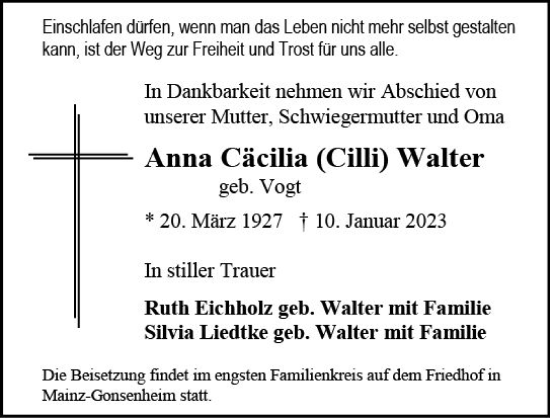 Traueranzeige von Anna Cäcilia Walter von Allgemeine Zeitung Mainz