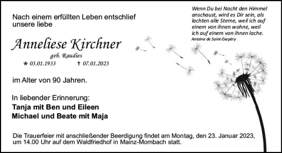 Traueranzeige von Anneliese Kirchner von Allgemeine Zeitung Mainz