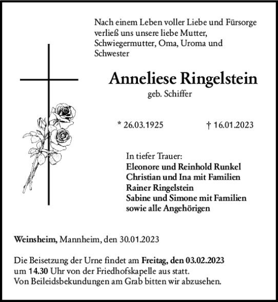 Traueranzeige von Anneliese Ringelstein von Allgemeine Zeitung Bad Kreuznach