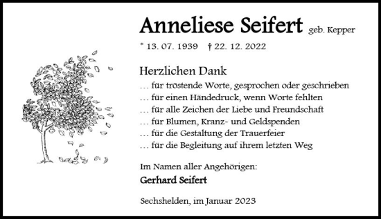 Traueranzeige von Anneliese Seifert von Dill Block