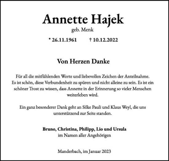 Traueranzeige von Annette Hajek von Dill Block