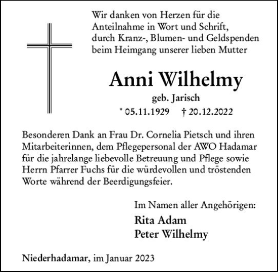 Traueranzeige von Anni Wilhelmy von Nassauische Neue Presse