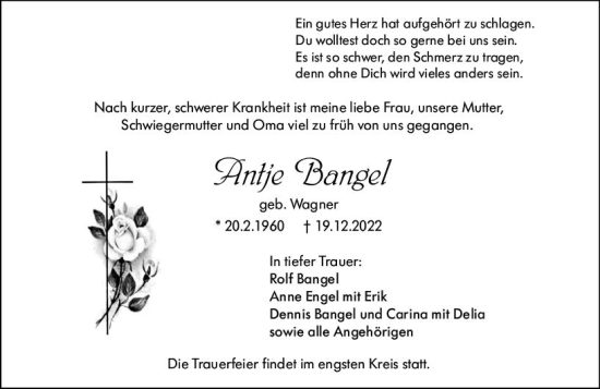 Traueranzeige von Antje Bangel von Wetzlarer Neue Zeitung