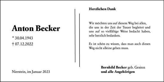 Traueranzeige von Anton Becker von Allgemeine Zeitung Mainz