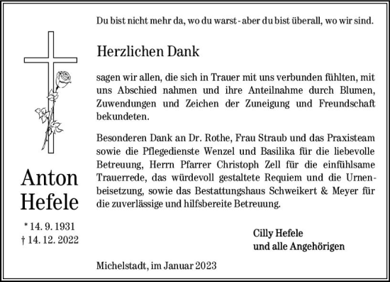 Traueranzeige von Anton Hefele von Odenwälder Echo
