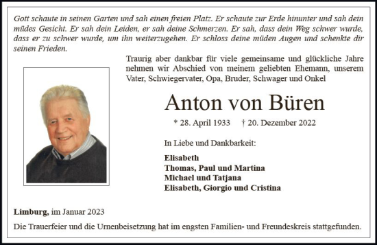 Traueranzeige von Anton von Büren von Nassauische Neue Presse