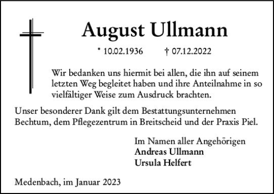 Traueranzeige von August Ullmann von Dill Block