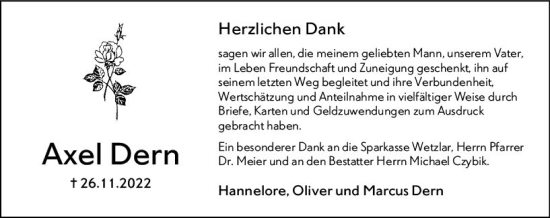 Traueranzeige von Axel Dern von Wetzlarer Neue Zeitung