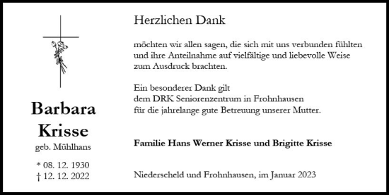 Traueranzeige von Barbara Krisse von Dill Block