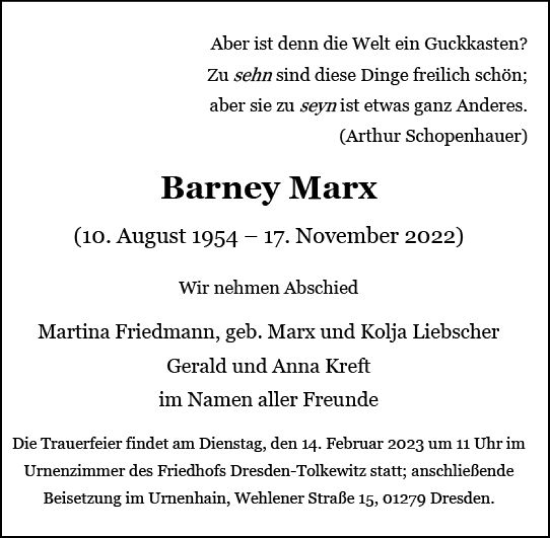 Traueranzeige von Barney Marx von Darmstädter Echo