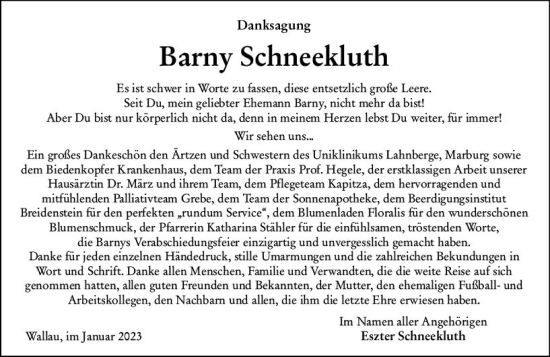 Traueranzeige von Barny Schneekluth von Hinterländer Anzeiger