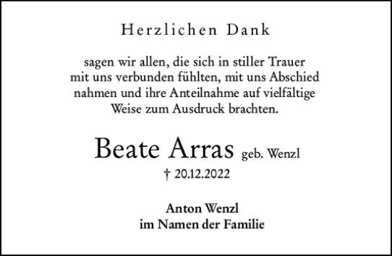 Traueranzeige von Beate Arras von Wiesbadener Kurier gesamt
