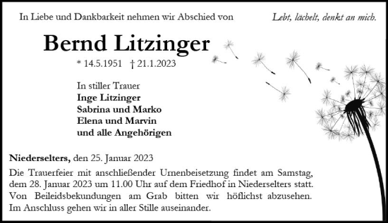 Traueranzeige von Bernd Litzinger von Camberger Anzeiger