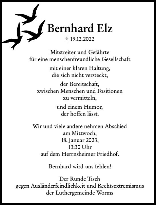 Traueranzeige von Bernhard Elz von Wormser Zeitung