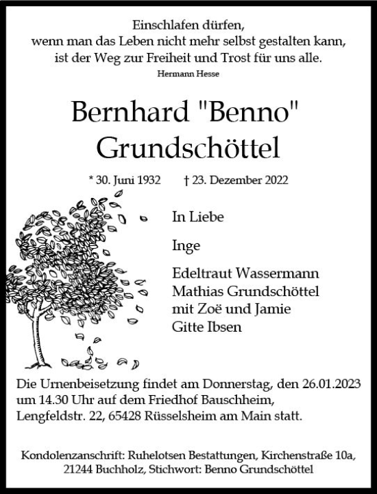 Traueranzeige von Bernhard Grundschöttel von Rüsselsheimer Echo