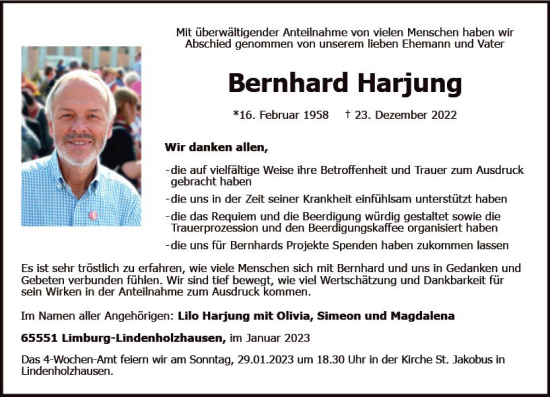 Traueranzeige von Bernhard Harjung von Nassauische Neue Presse