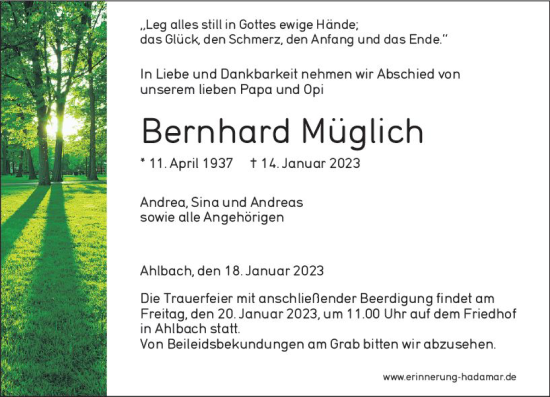 Traueranzeige von Bernhard Möglich von Nassauische Neue Presse