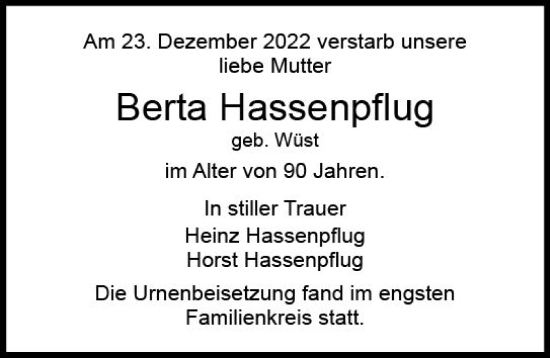 Traueranzeige von Berta Hassenpflug von DieburgerAnzeiger/Groß-Zimmerner Lokalanzeiger