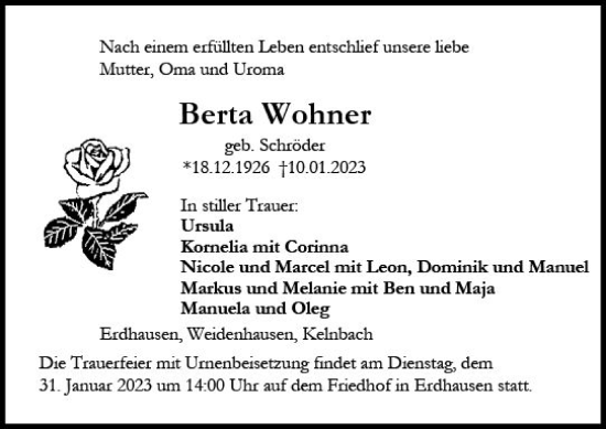Traueranzeige von Berta Wohner von Hinterländer Anzeiger