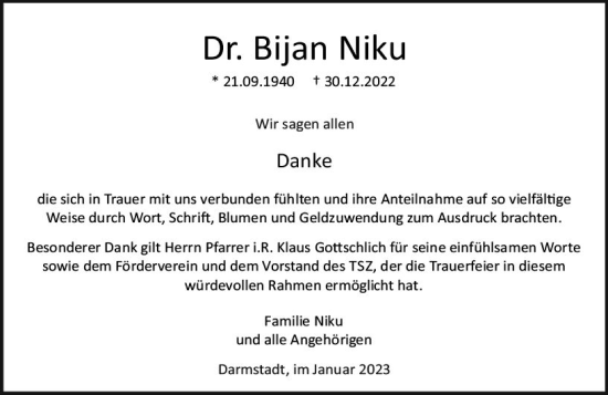 Traueranzeige von Bijan Niku von Darmstädter Echo