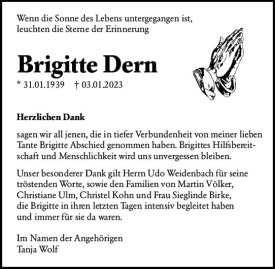 Traueranzeige von Brigitte Dern von Wetzlarer Neue Zeitung