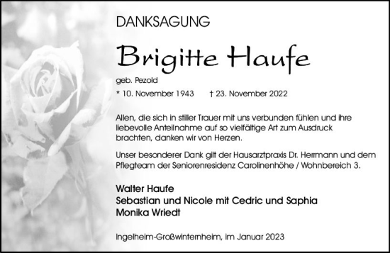 Traueranzeige von Brigitte Haufe von Allgemeine Zeitung Ingelheim-Bingen