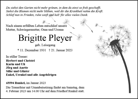 Traueranzeige von Brigitte Pleyer von Weilburger Tageblatt
