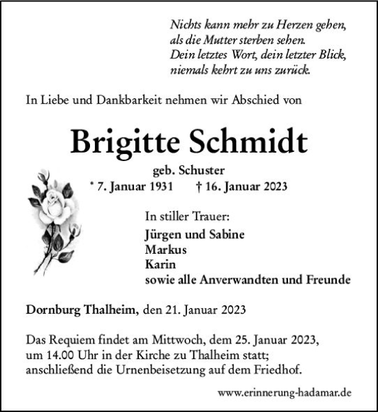 Traueranzeige von Brigitte Schmidt von Nassauische Neue Presse
