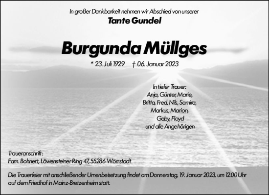 Traueranzeige von Burgunda Müllges von Allgemeine Zeitung Mainz