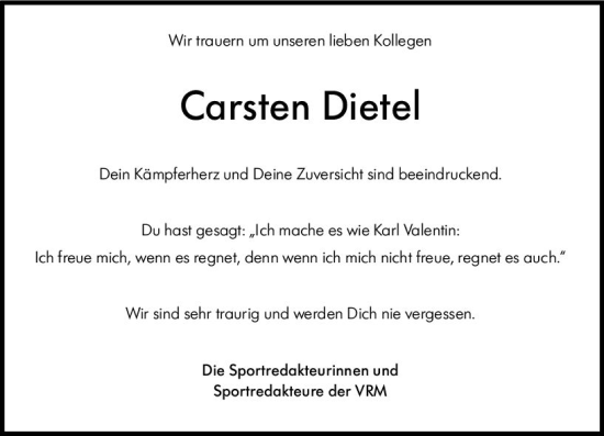 Traueranzeige von Carsten Dietel von Wiesbadener Kurier gesamt