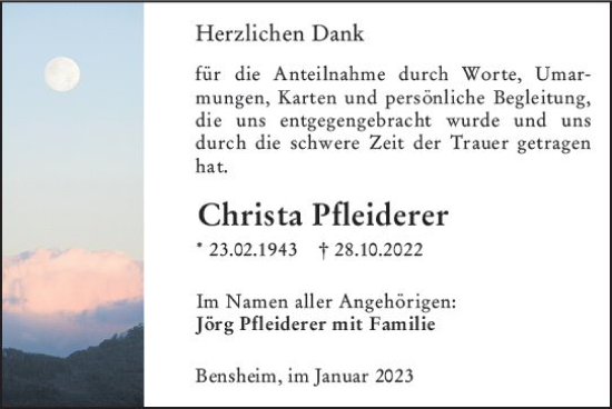 Traueranzeige von Christa Pfleiderer von Bergsträßer Anzeiger