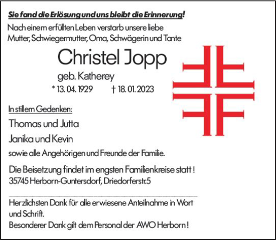 Traueranzeige von Christel Jopp von Dill Block