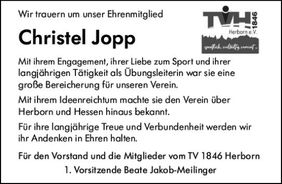 Traueranzeige von Christel Jopp von Dill Block
