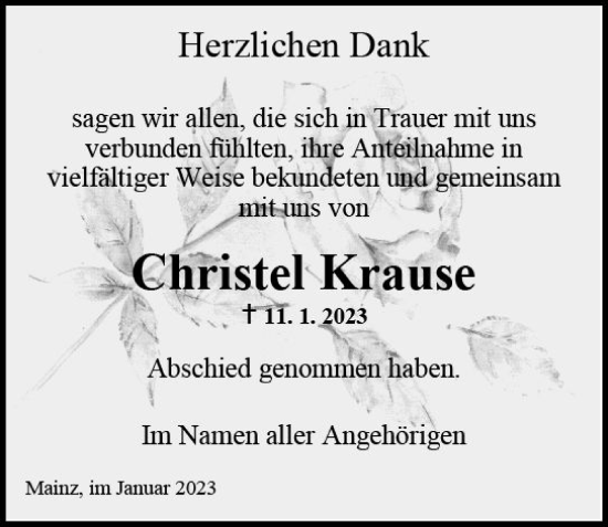 Traueranzeige von Christel Krause von Allgemeine Zeitung Mainz